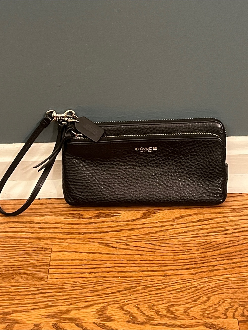 Coach Black Pebbled Leather Double-Zip Wristlet